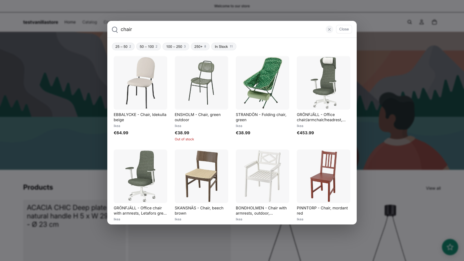 Vanilla AI Search showing product results with price filters